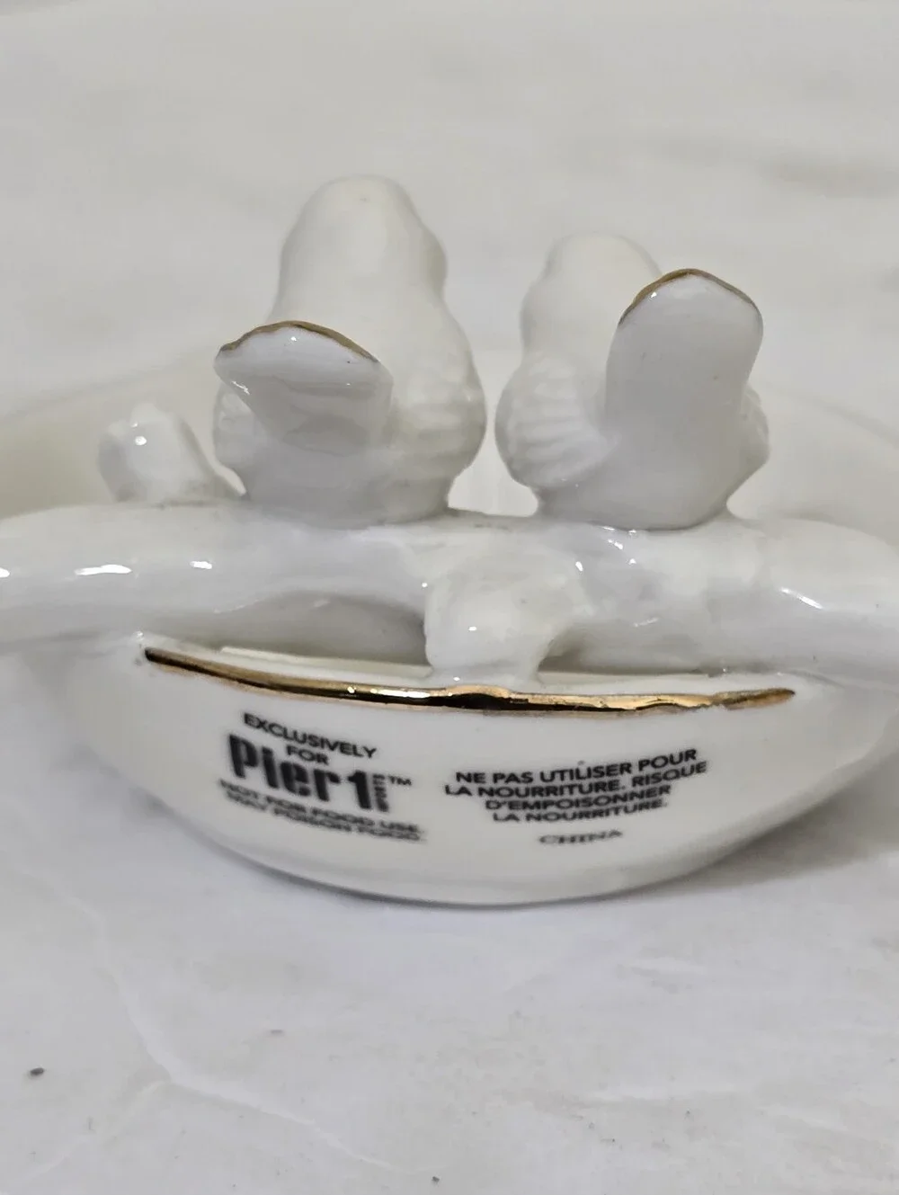 vintage PIER 1 imports Trinket Tray Two Birds Porcelin White Gold Trim